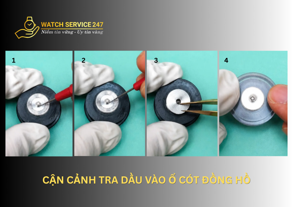 Kỹ thuật viên Watch Service 247 tra dầu vào ổ cót đồng hồ cơ trong quá trình bảo dưỡng